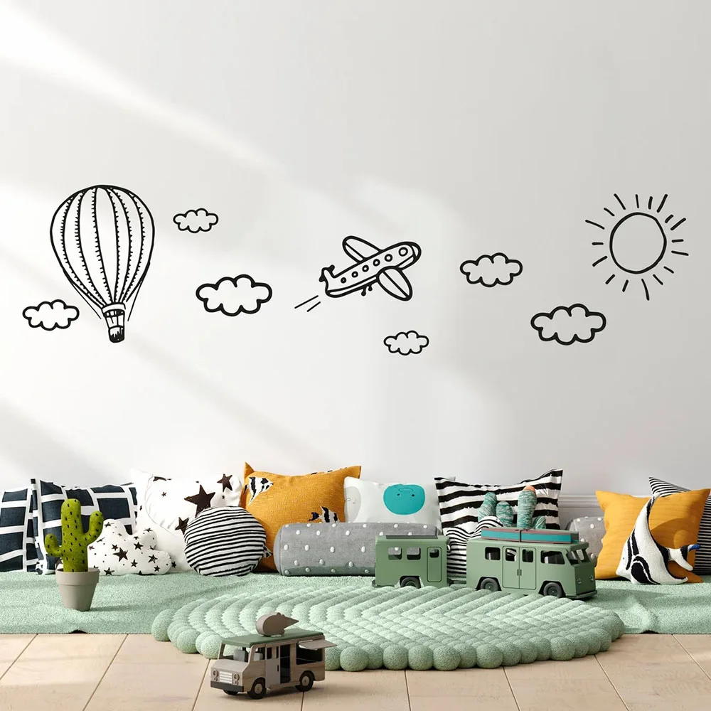 Doodle Kids Wall Decal Plane Air Balloon Clouds Sun Wall Stickers for Baby Kids Room Nursery Decoration Mural Vinyl Decals S546