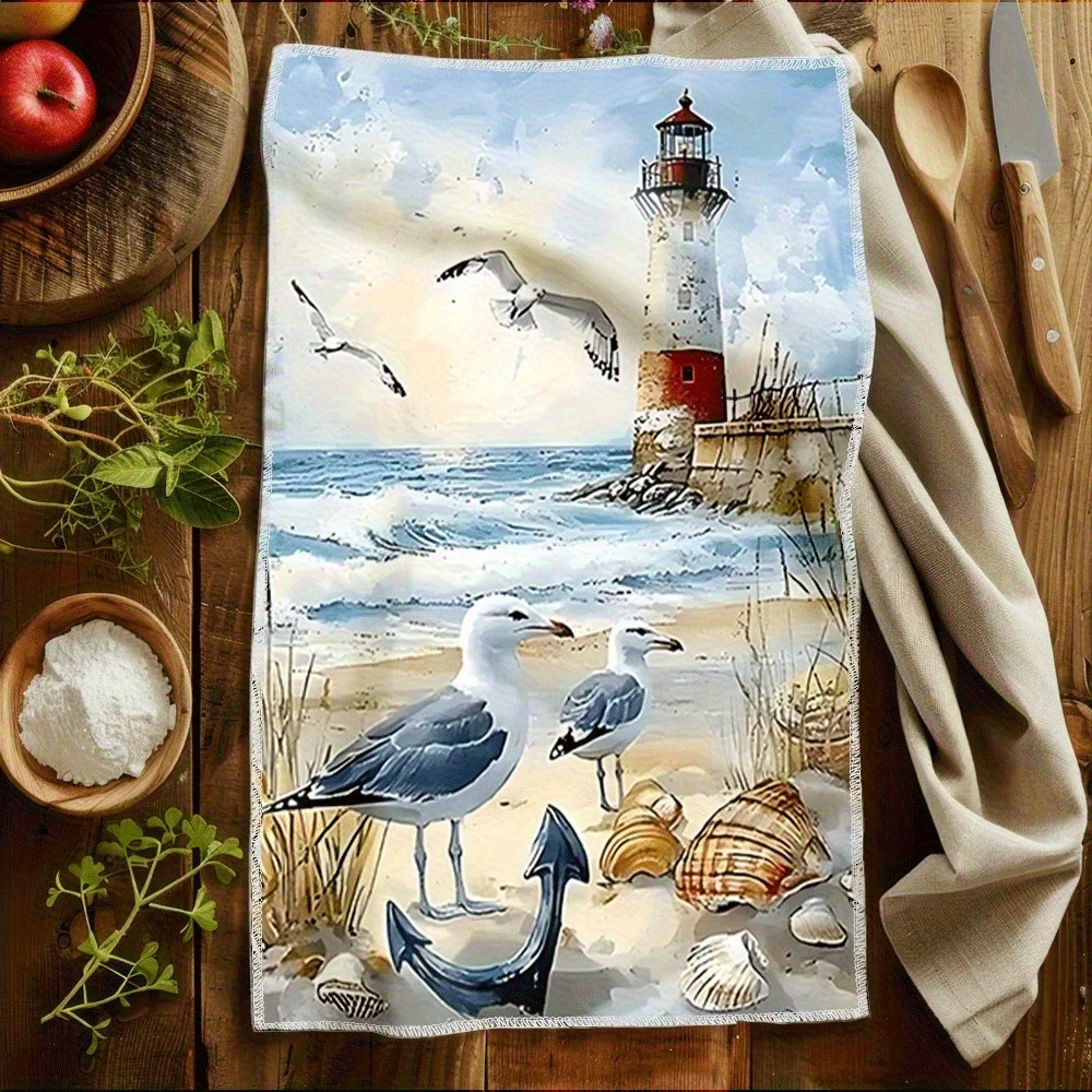 1pc Watercolor Lighthouse Seagull Beach Scrub Cloth,Soft Face&Hand Towel,Perfect for Kitchen,Bathroom,Seaside House,VacationHome