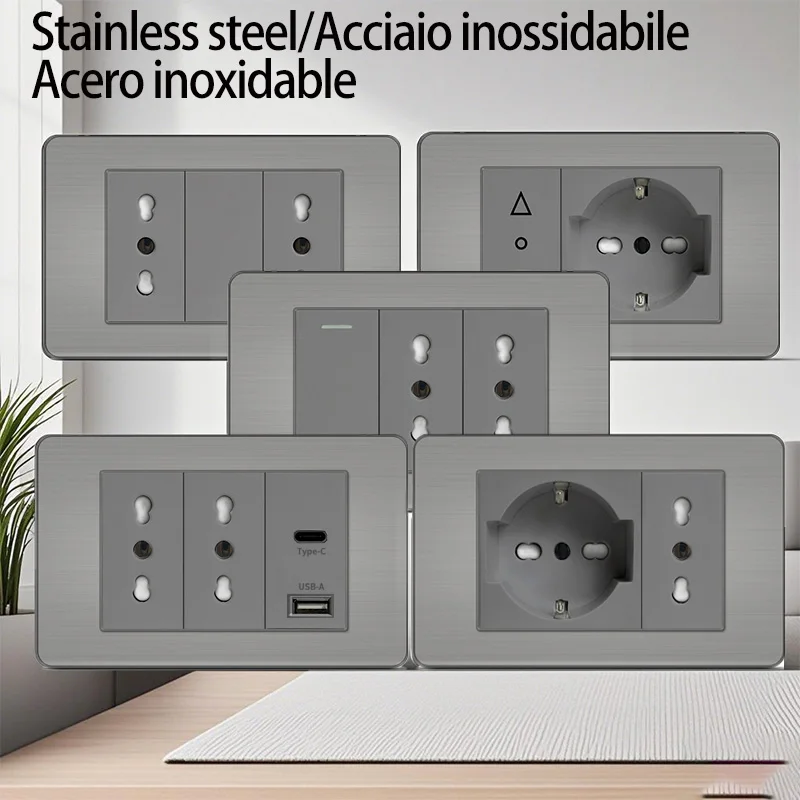 Stainless Steel Wall Socket 118x75mm Italian-Style with USB-C & Schuko Chilean Plug - Brushed Finish for Home/Office​
