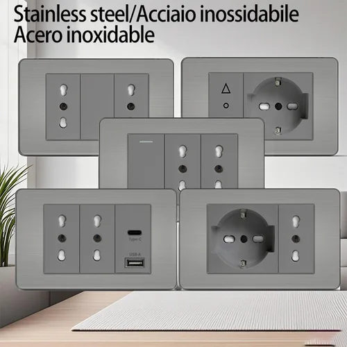 Imagen 1 del producto Toma de pared de acero inoxidable 118x75 mm estilo italiano con USB-C y enchufe chileno Schuko - Acabado cepillado para hogar/oficina ​