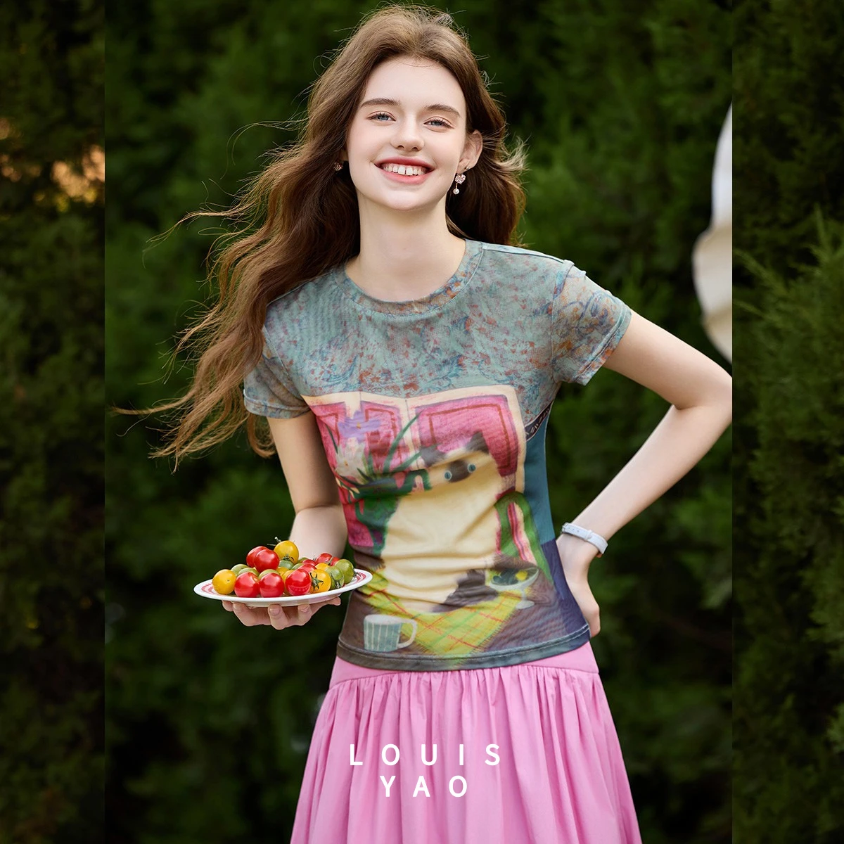 

LOUISYAO Cat Pattern Contrast Color T-Shirt Women 2025 Summer Round Neck Short Sleeve Micro Elastic Casual Daily Tops