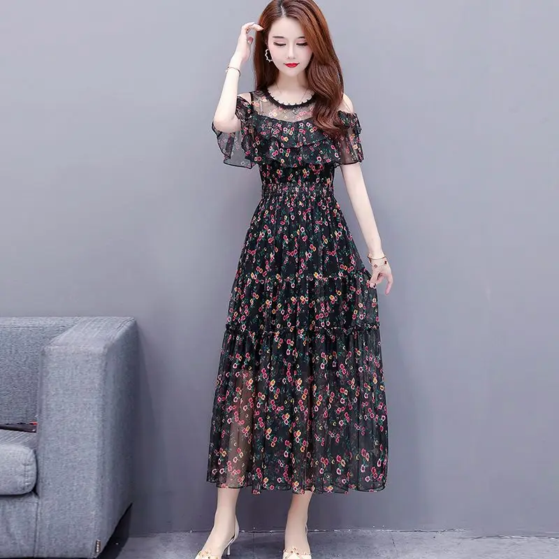 Elegant O-Neck Spliced Folds Ruffles Off Shoulder Floral Dress Women Clothing 2024 Summer New Loose Office Lady Midi Dress