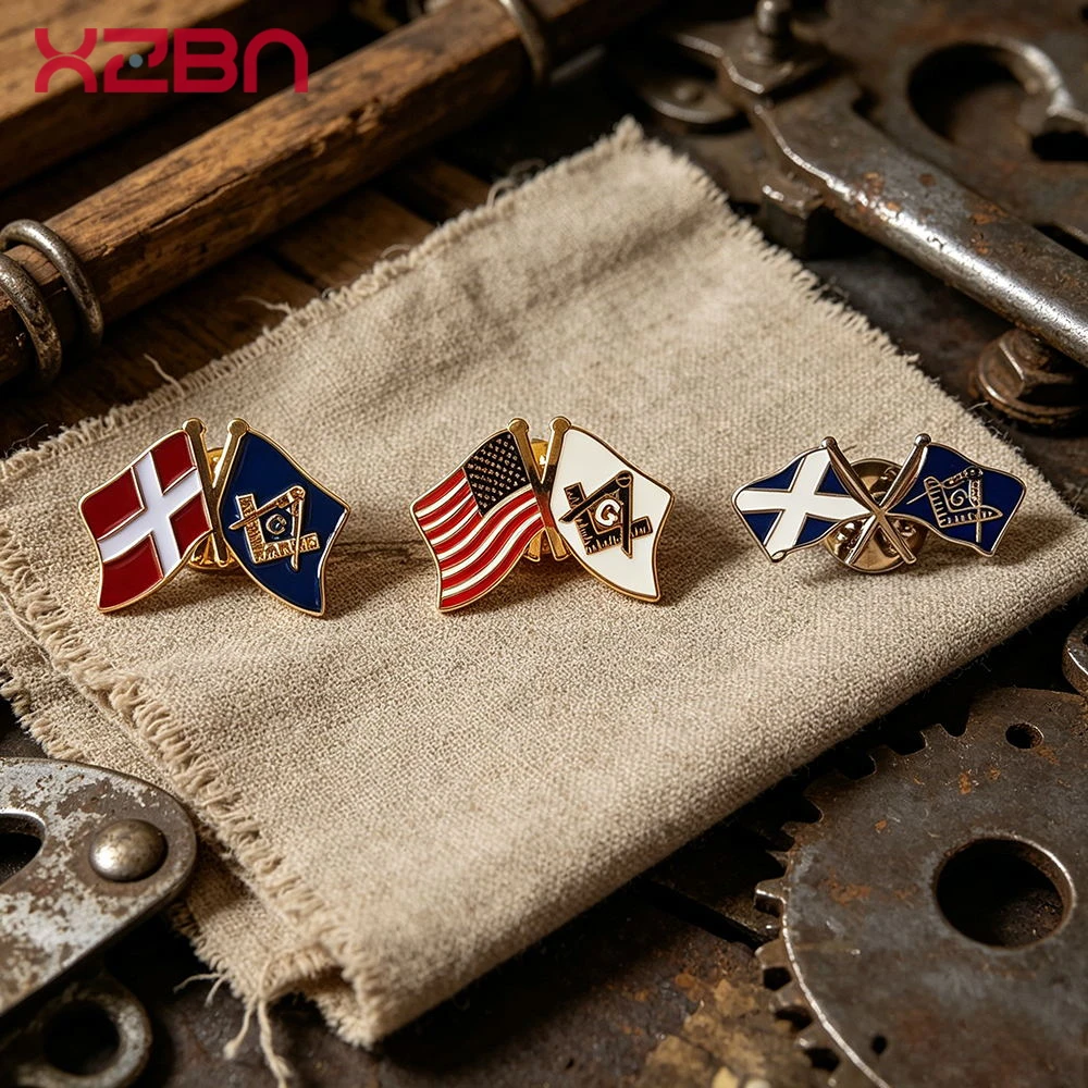 Broches de revers maçonniques, badges métalliques à double drapeau (Danemark, États-Unis, Écosse) et symboles d'amitié croisés de la Franc-Maçonnerie