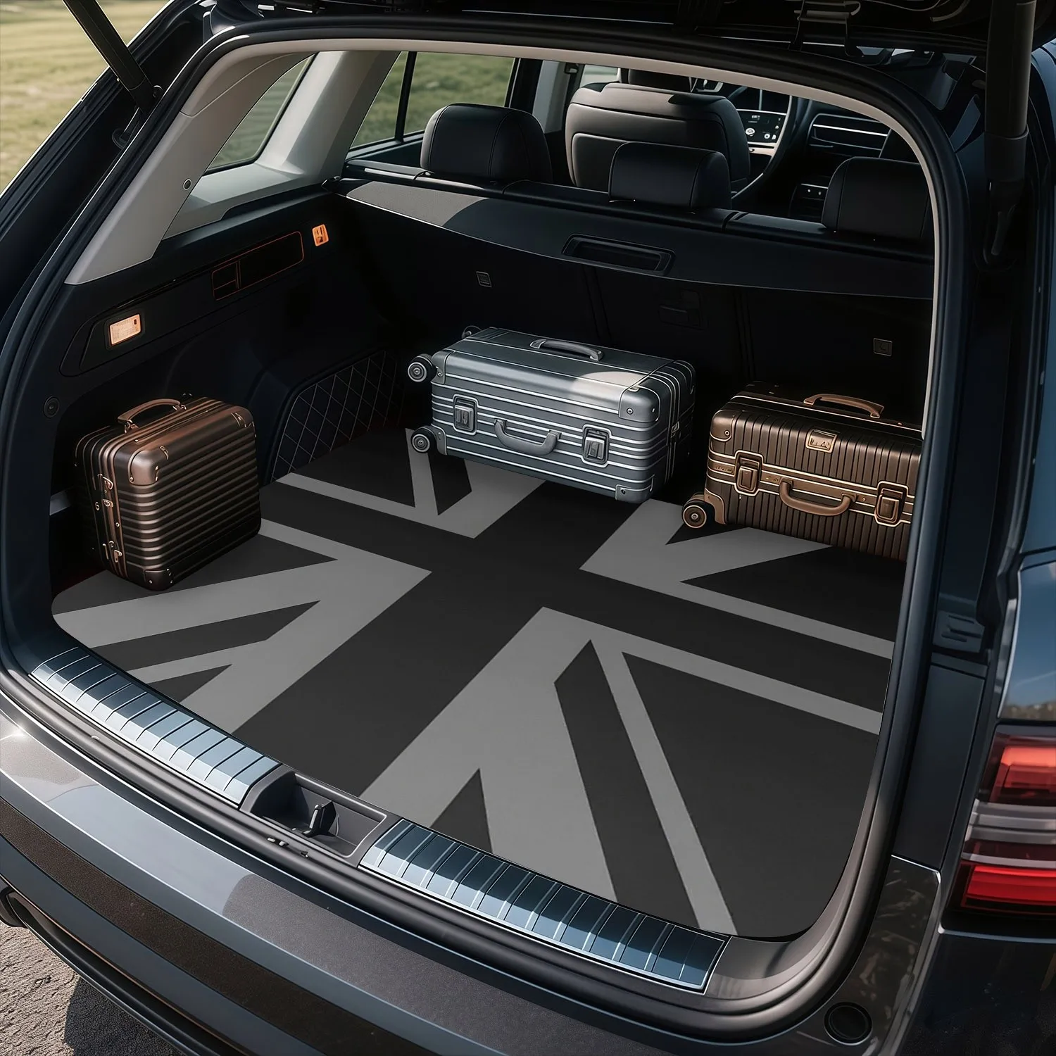 1pc Car Trunk Mat, Minimalist Grayscale Union Jack Design, Material, Durable & Stylish, Suitable For Car Interior Decoration, Pe
