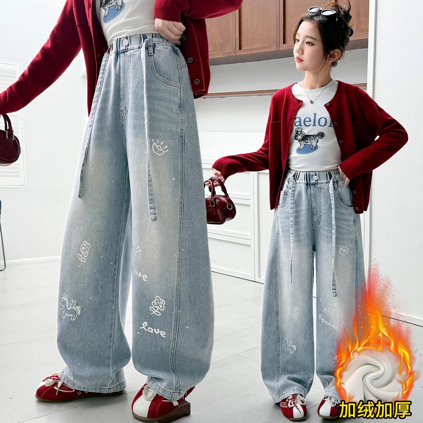 

Winter Children Insulated Wide Leg Jeans for Girls Warm and Thick Fleece Denim Pants Teens Autumn Trousers for Kids Korean Style