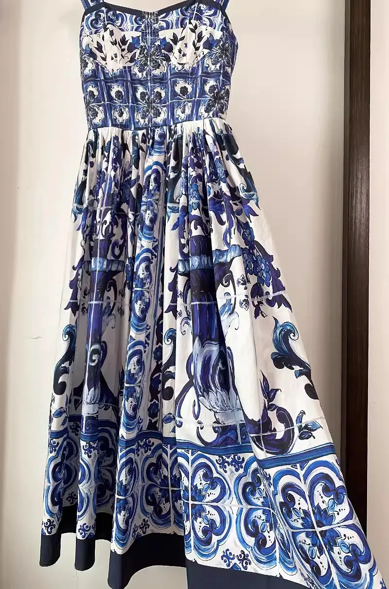 Summer Hoiday Blue And White Porcelain Print Dress Women\'s Spaghetti Strap Zipper Elastic Backless Floral Print Midi Vestidos