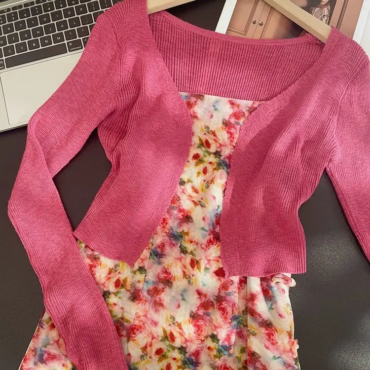 Spring and summer new women's clothing gentle style French fashion top+printed camisole dress two-piece set