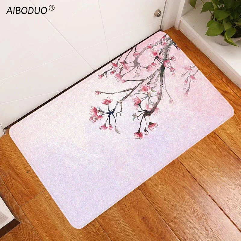 

Landscape Painting Pink Sakura Shower Curtain Anti-slip Door Mats Set Cure Warm Home Decoration Accessories Suitable for Bedroom