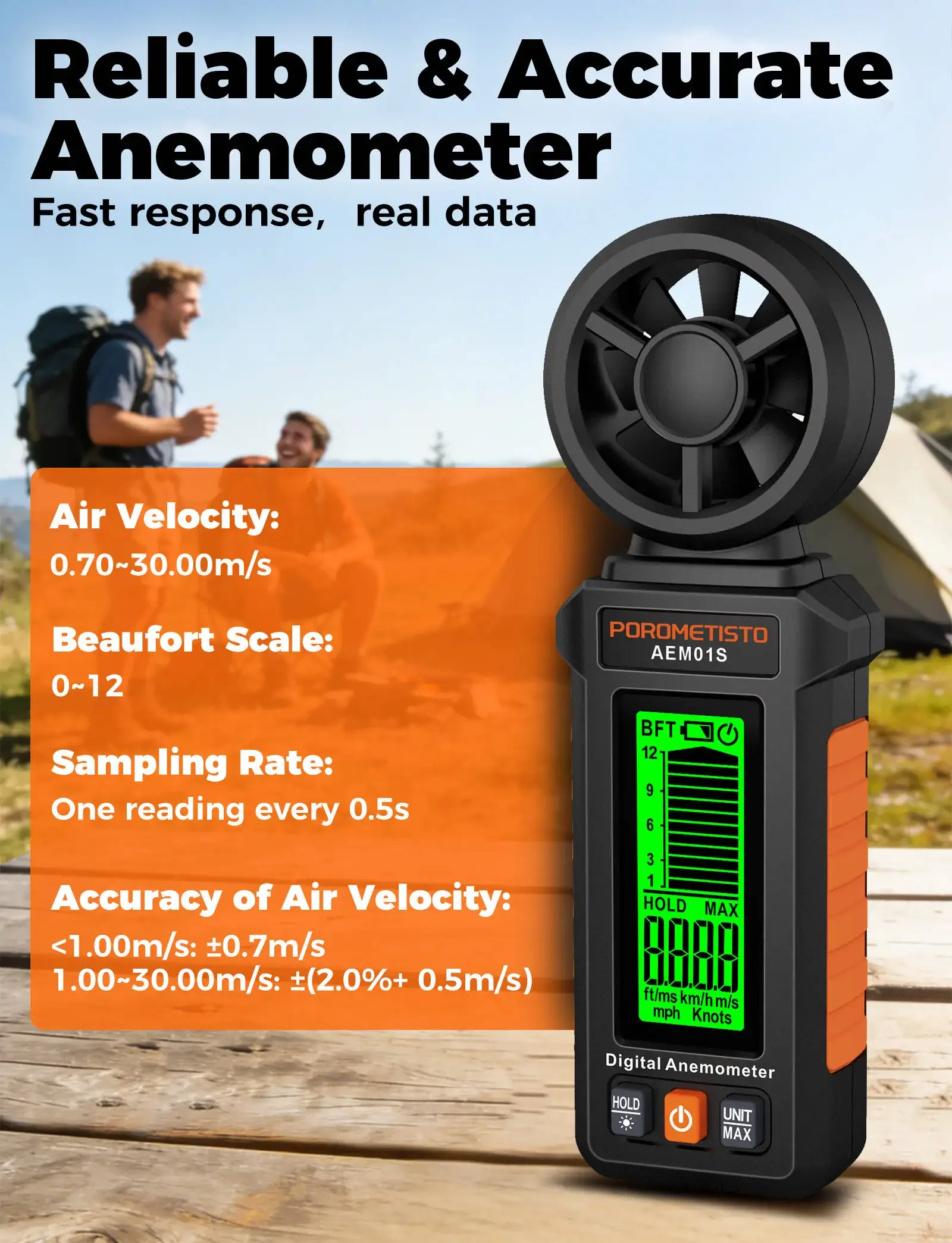 Digitales Anemometer 0,4~30,00 m/s Handgehaltenes Windgeschwindigkeitsmessgerät Luftgeschwindigkeit Luftstromrate mit LCD-Hintergrundbeleuchtung CFM CMM CMS Messwerkzeug – Detail 18