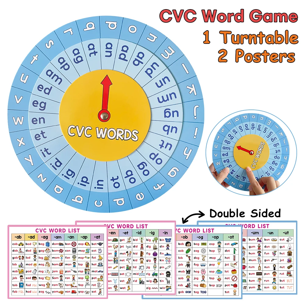 قائمة كلمات مونتيسوري CVC، القرص الدوار لـ CVC Phonics، لعبة الدوارة، وسائل تعليمية لمعلم اللغة الإنجليزية، ألعاب التهجئة، اللوازم المدرسية المنزلية