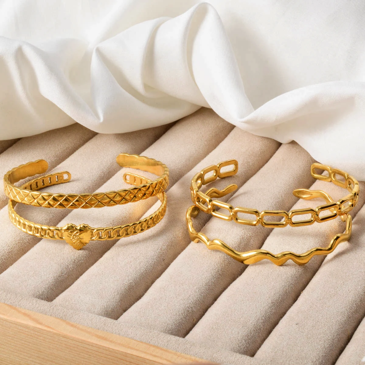 Stainless Steel Gold Plated Open Cuff Bangle Multiple Patterns Adjustable Single Stackable Bracelet Women Fashion Jewerly Gift