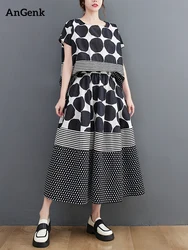 Oversized Vintage Print Loose 2 Two Piece Set Summer Short Sleeve Casual T Shirt Women T-shirt Fashion Clothing Skirt Suit 2025
