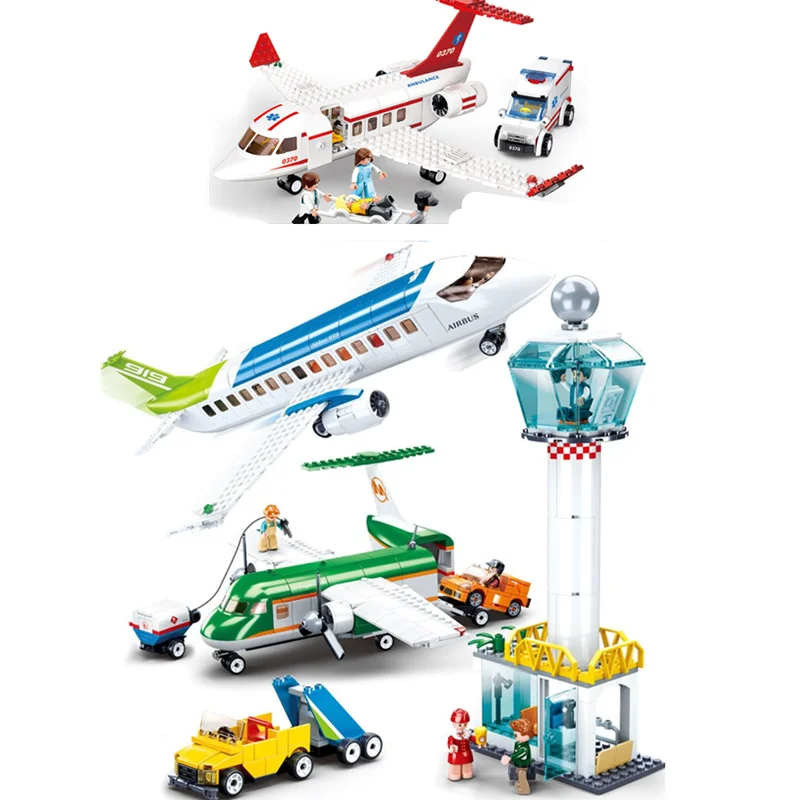 International Airport Civil Aviation Rescue Aircraft Airbus Plane Creation Building Blocks Bricks Educational Toys for Children