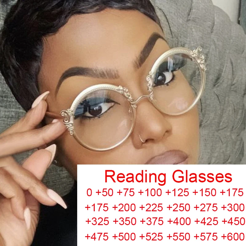 Gold Clear Carving Round Reading Glasses Women Unique Vintage Prescription Eyeglasses Metal Frame Blue Light Blocking Glasses