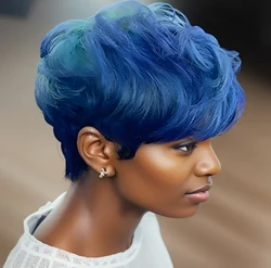 Nicelatus Natural Synthetic Blue Wigs for Black Women Short Hairstyles with   Bangs Short Mixed Blue Wig Very Nice Wig for Women