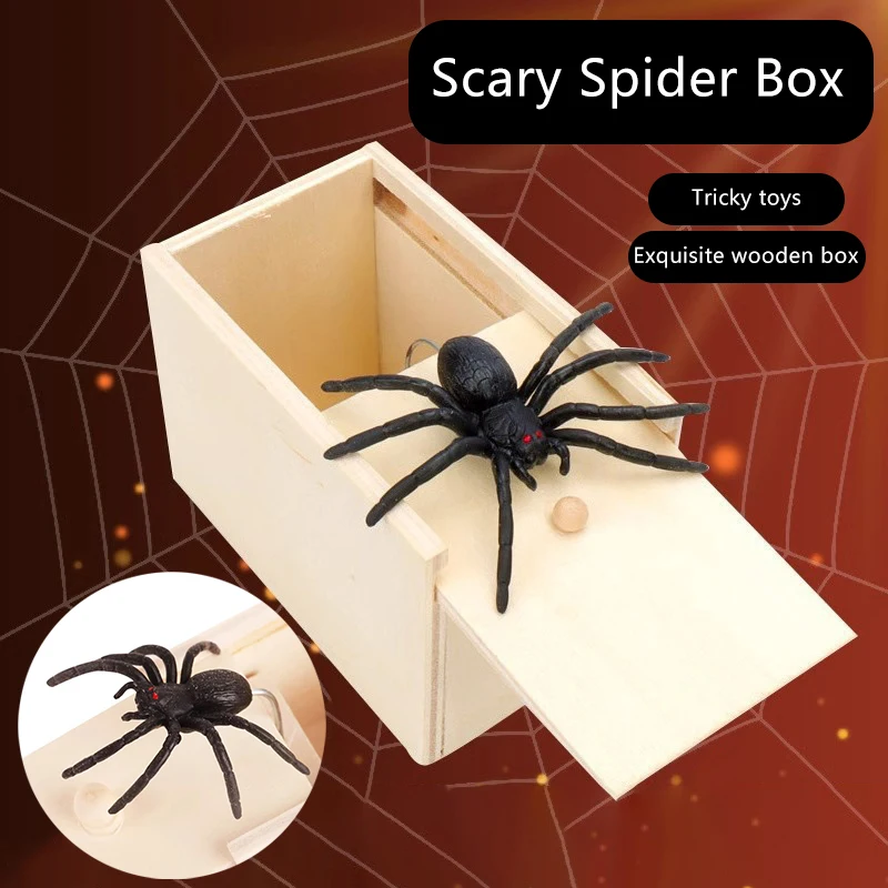 Simulation Spider With Wooden Box Kids Favors Tricky Prank Joke Toy Haunted House Horror Props Halloween Party Decor Supplies