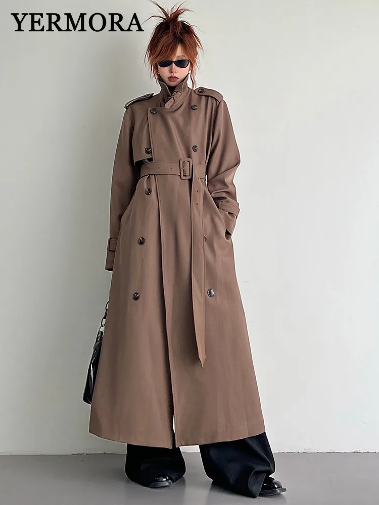 

YERMORA женский коричневый асимметричный двубортный пояс Тренч с лацканами и длинными рукавами, новая свободная ветровка Fashion Tide, весна-осень