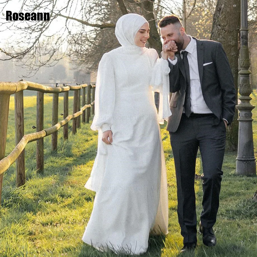 

Muslim High Collar A-line Wedding Dress Ribbon Satin Draped Pleat Pearls Floor Length Brush Train Bride Dresses robe de mariée