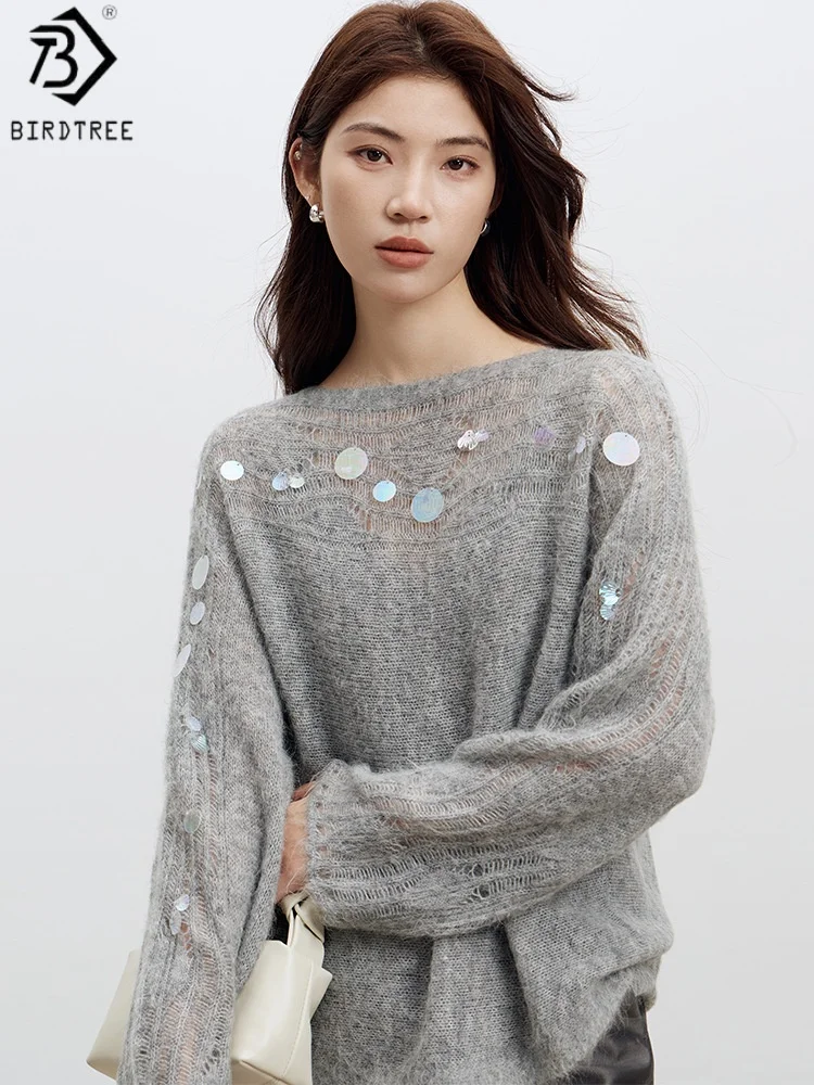 

Birdtree 28.5% Sheep Wool 31.3% Alpaca Wool Sweater,Woman Wool Blend Hollow Iridescent Bead Sequins Knitwear Autumn T58931JF