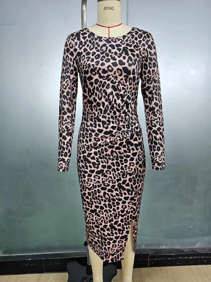 فستان سهرة نسائي ضيق عصري بطبعة الفهد فستان ضيق بأكمام طويلة ورقبة مستديرة ملابس عالية الخصر