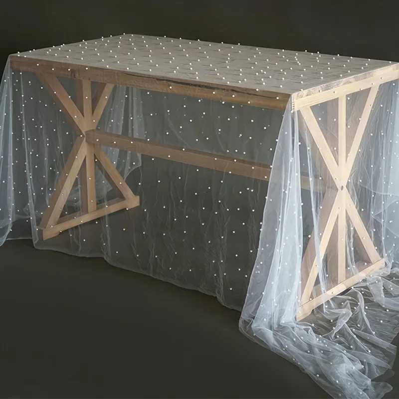 White Pearl Tulle Table Runner, Wedding Tablecloth for Baby Shower Birthday Party Backdrop Wedding Headscarf, DIY Design Decor