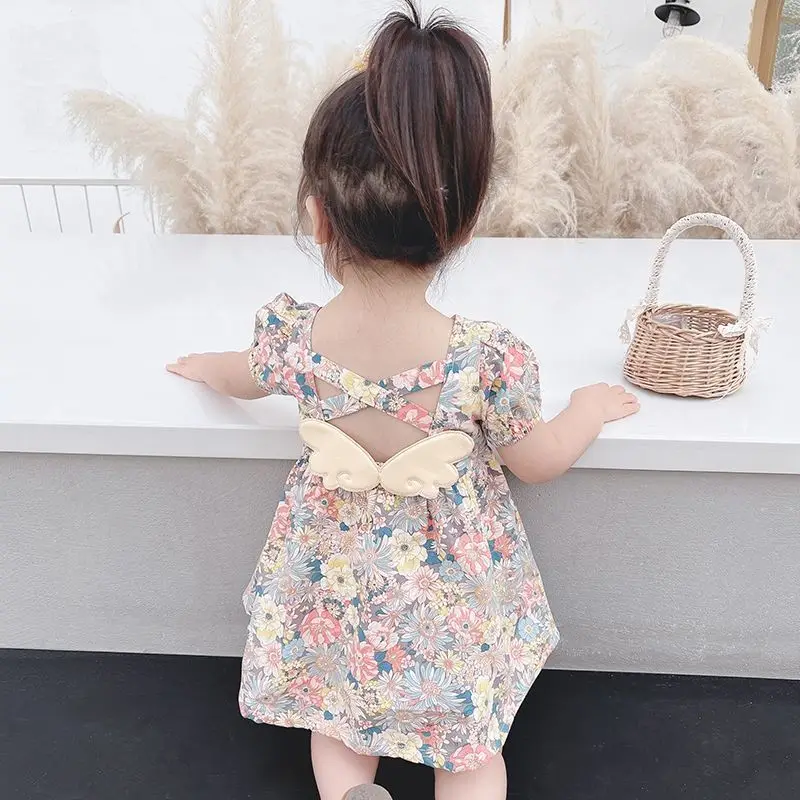 

Summer baby floral dress halter strap angel dress yellow floral dress halter vest dress Baby Girl Ruffle Floral Dress cotton