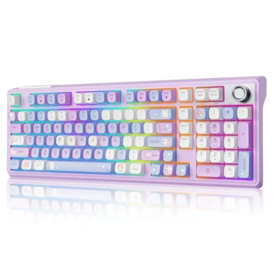 

Gaming keyboard with number pad creamy white PBT keycaps RGB backlight hot-swappable switches thocky sound rotary knob BT 5.0/2