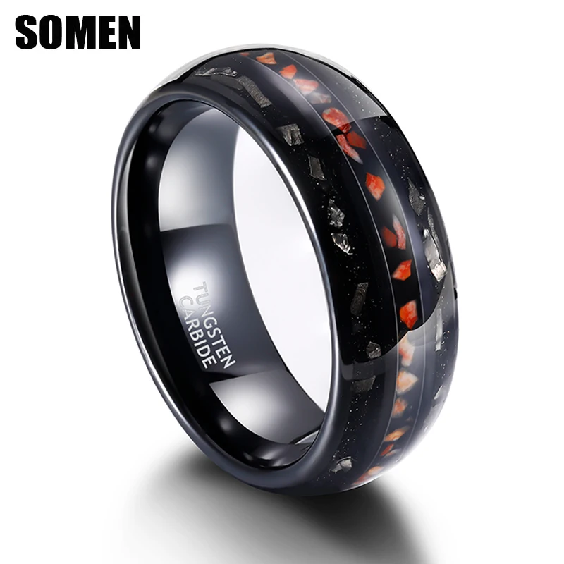 Somen 8mm Tungsten Carbide Ring For Men Dinosaur Bone/ Black Sand Metal Slag inlaid Engagement Wedding Band Jewelry Comfort Fit