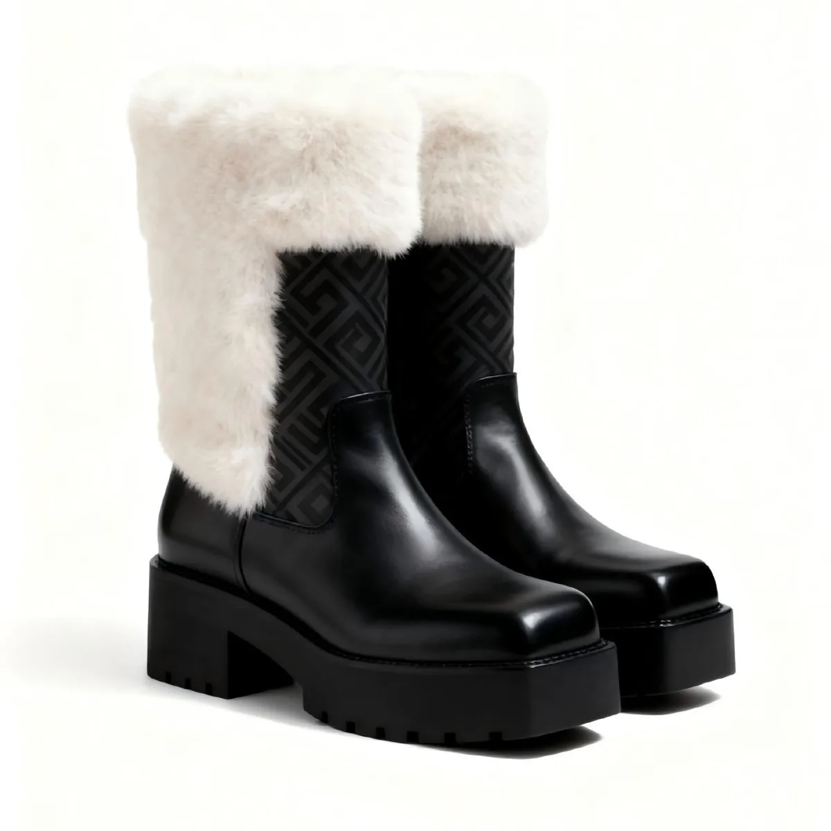 Women's Suede Platform Boots Faux Fur Cuff & Geometric Pattern Chunky Sole for Cozy Casual Winter Daily or Outdoor Fashion Looks