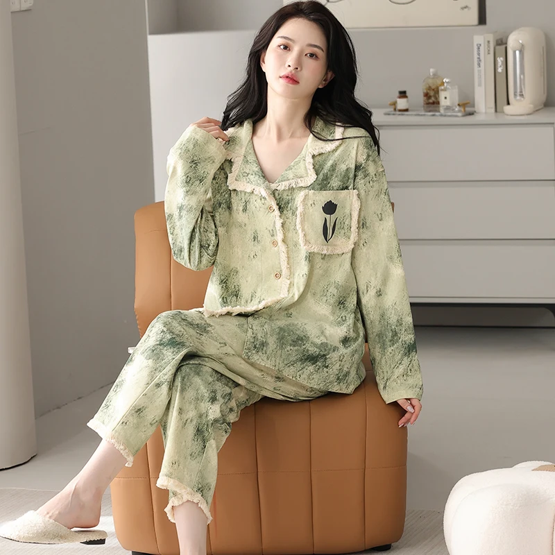 Women Clothes for Autumn Pajamas Sets Big Yards Modal Cotton Sleepwear Fashion Printed Long Sleeves Can Be Worn Out Of Home Wear