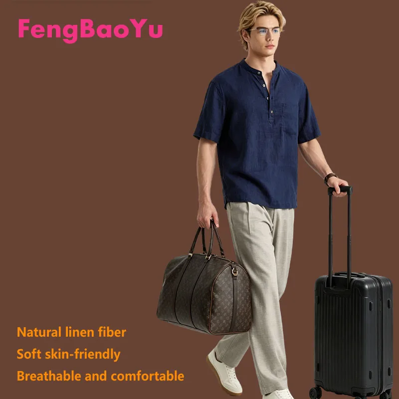 

Feng Baoyu Natural 100% Linen Men's T-shirt Summer Short-Sleeved Shirt, Simple Style, Outdoor Casual Wear, Comfortable and Cool