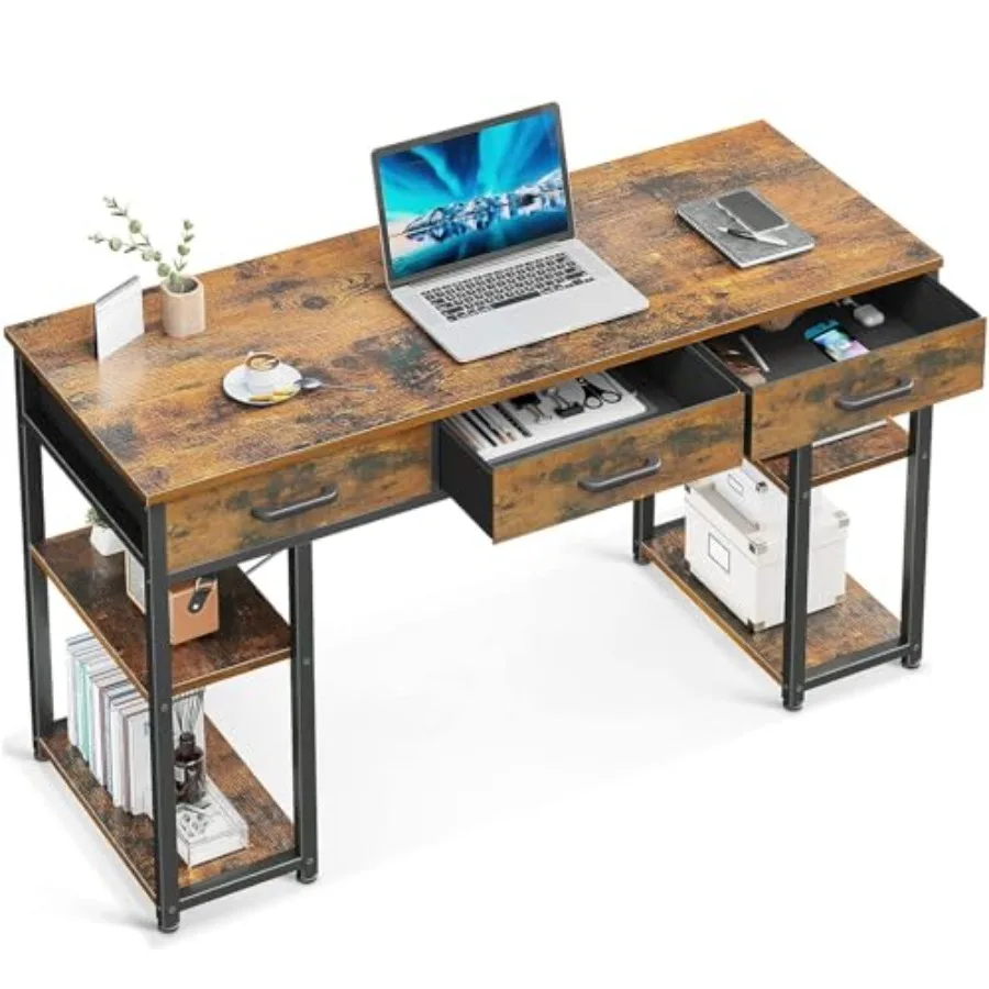 

Modern Office Small Computer Desk with Fabric Drawers and Storage Shelves for Home Use Compact Writing Desk with Vintage Design