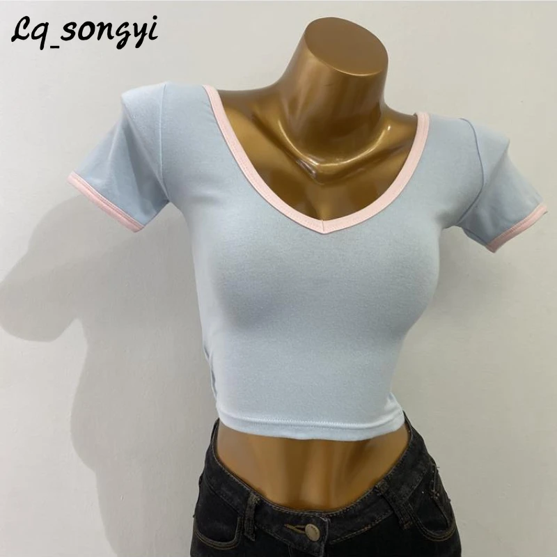 

Lq_songyi Summer V Neck Crop Top Short Slim Fit T Shirts Women High Strecth Top Sexy Short Sleeve Solid Thin Basic T Shirt