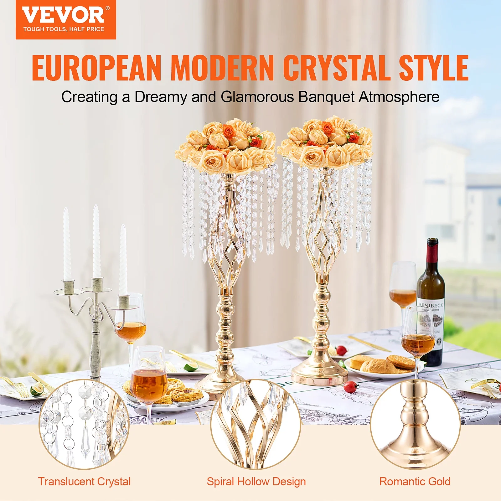 VEVOR طويل القامة كريستال الزفاف زهرة حامل معدني الزفاف محور زهرية الذهب زهرة أصحاب الأزهار رف شاشة لحفل الزفاف #2