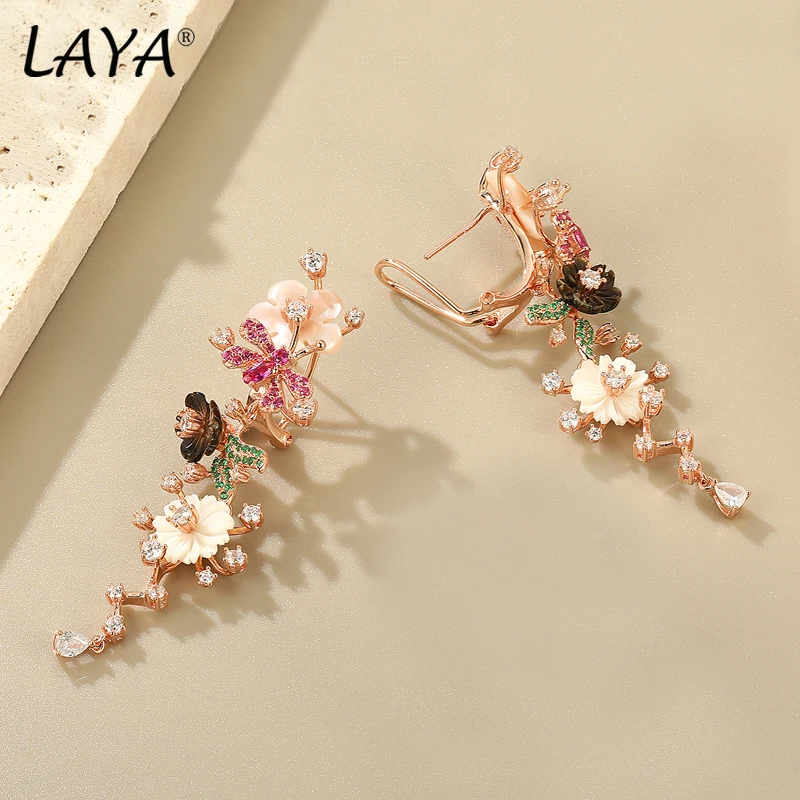 

LAYA NEW Earrings For Women Black Pink Shell Flower White Zircon 925 Sterling Silver Fashion Fine Engagement Romantic Jewelry