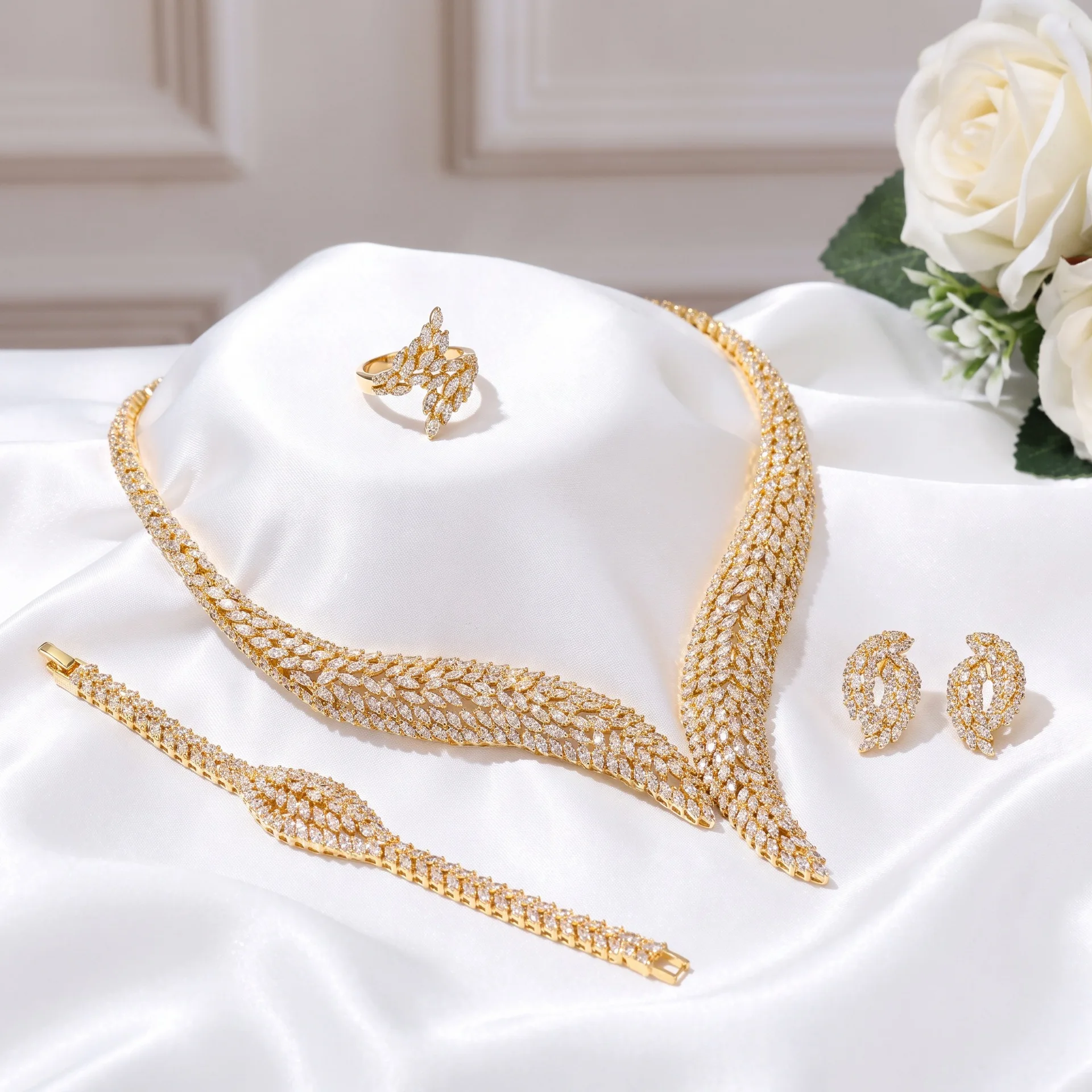 AAA Cubic Zirconia Necklace Bracelet Earrings Ring Luxury Women Bridal Wedding Party Choker Dubai Jewelry Sets Christmas Gift