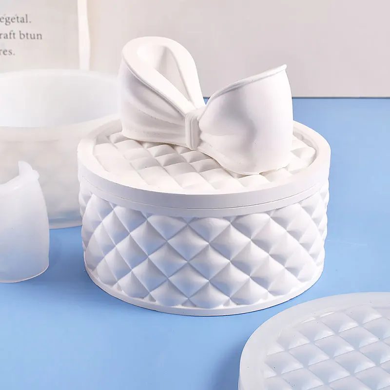 ขนาดใหญ่กล่องแม่พิมพ์ซิลิโคนซีเมนต์ยิปซั่มดอกไม้หม้อแม่พิมพ์เทียน Jar Bowknot รอบกล่องเก็บเครื่องประดับอีพ็อกซี่เรซินแม่พิมพ์ Jesmonite
