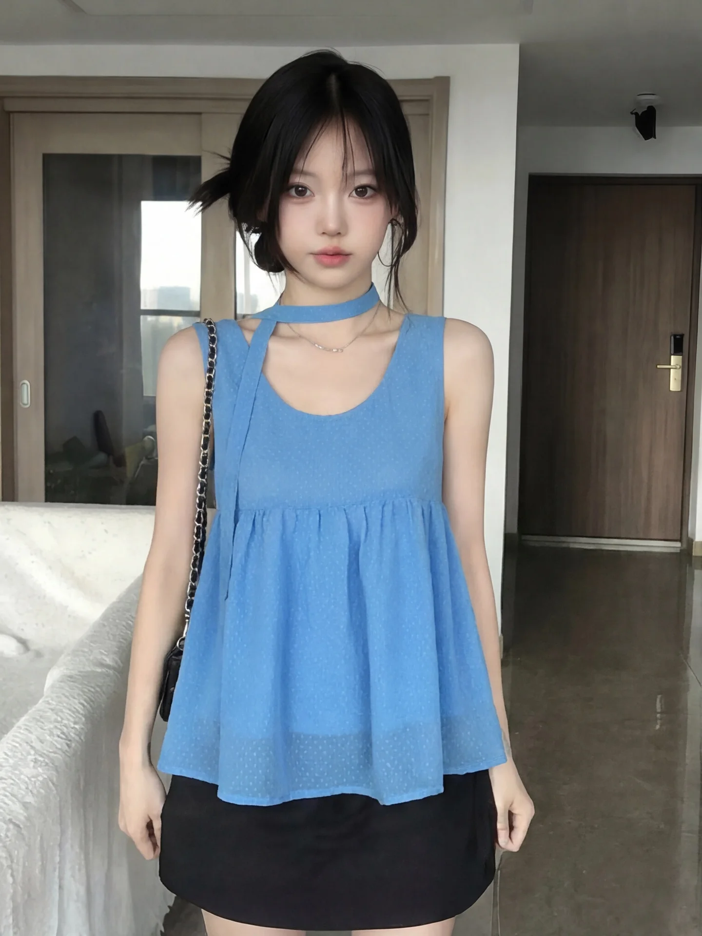 

Blue Polka Dot U-Neck Sleeveless Vest Women's Summer Thin Loose Cover up Doll Shirt Strapless Top Breathable Casual Wear