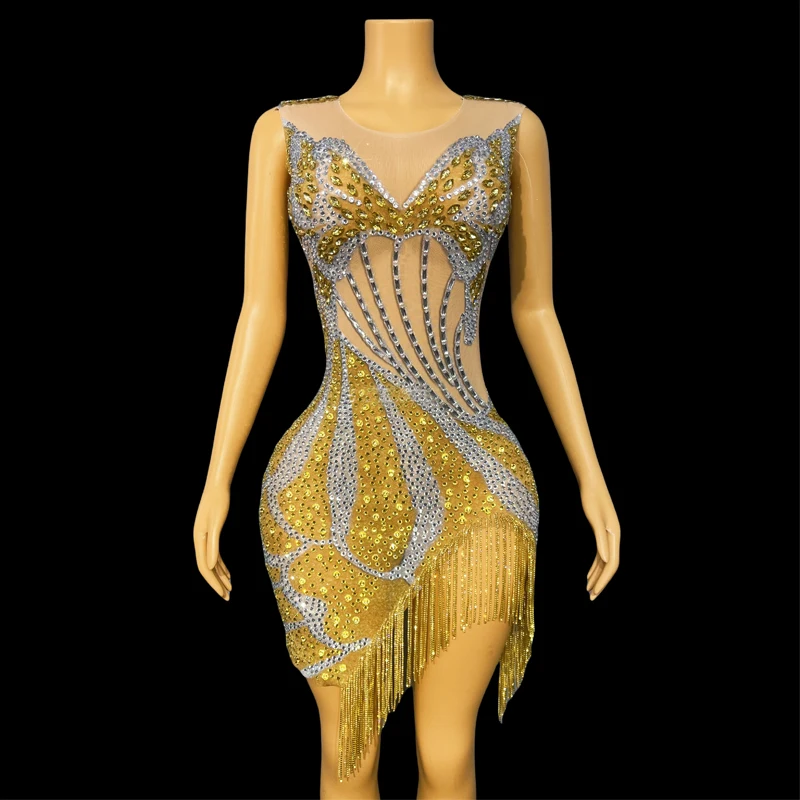 Bar club nocturno DJ traje de baile de Jazz diamantes de imitación dorados celebrar vestido con flecos mujeres vestido de noche de fiesta ropa de escenario XS10473