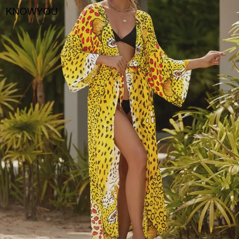 Beach Cover Ups เซ็กซี่เสือดาวพิมพ์ชุดว่ายน้ํา Cape ผู้หญิงยาว Pareo Self Belted Wrap ชุดวันหยุดชุดว่ายน้ําชุดกิโมโนเสื้อคลุม