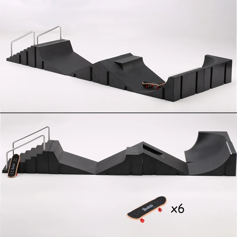 Training Games Scene 6 In 1 Black Finger Skating Board With Ramp Parts Track Kids Toys Gift Kate DIY Mini Skateboard Toys