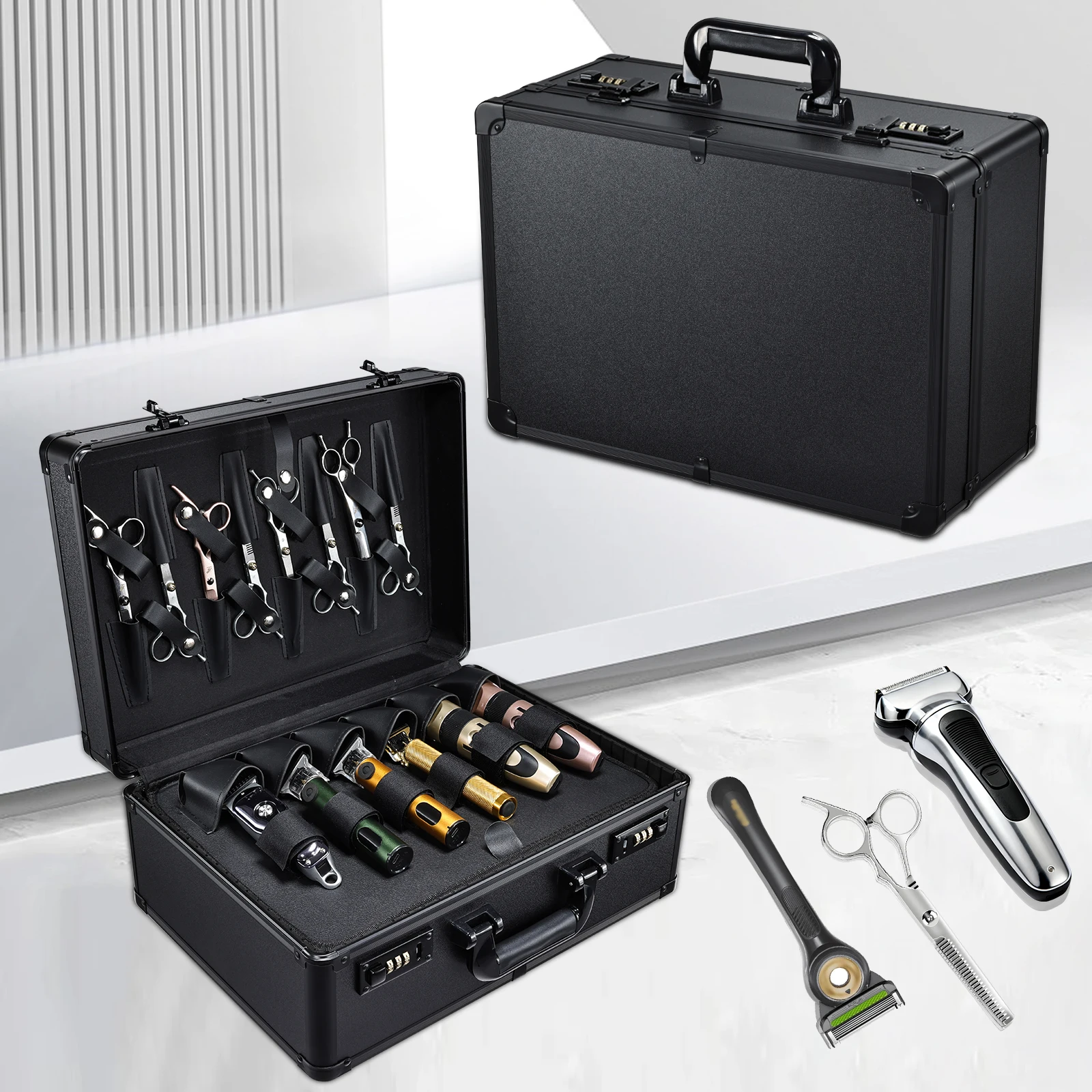 

Barber Accessories Case, Profesional Barbers Briefcase Tool Case for Clippers and Supplies, Barbers Suitcase with Code Lock