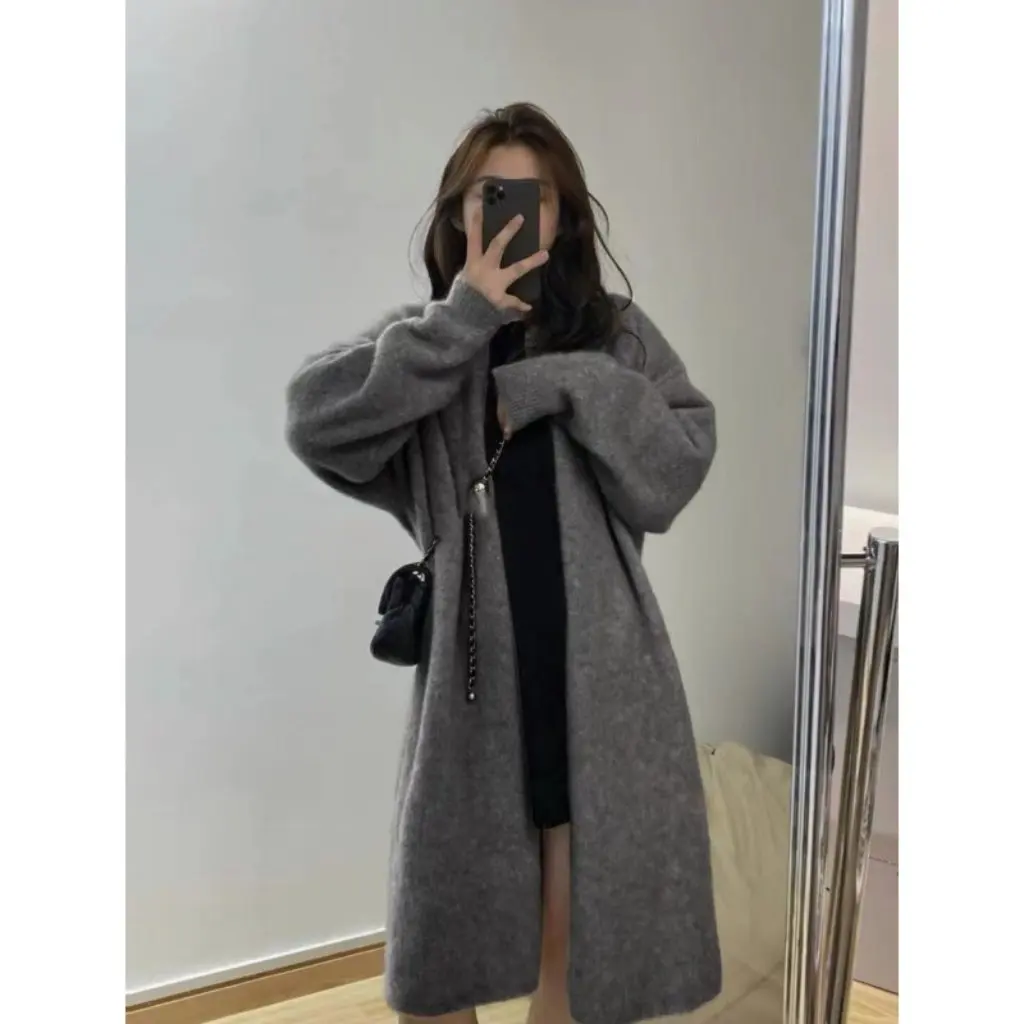 

Women's Soft Waxy Knitted Cardigan Loose Large Version Mid-Length Thick Coat Solid Color Lazy Style Sweater Outer Wear