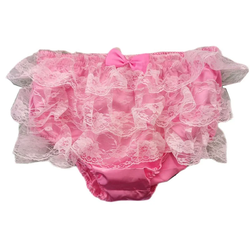 

Pink Patchwork White Lace Shorts with Multiple Layers of Lace Partition and Bow Inlaid Elastic Waist Triangle Shorts