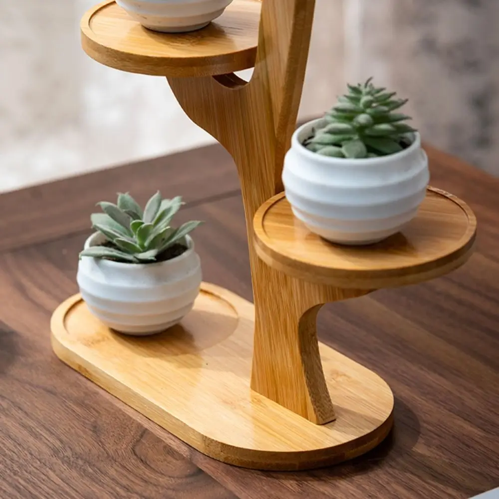 1pc Multi-functional Bamboo Plant Stand Tree-Shaped Multi-Tier Succulent Display Rack Desktop Decor Flowerpot Tray Home Office view 2