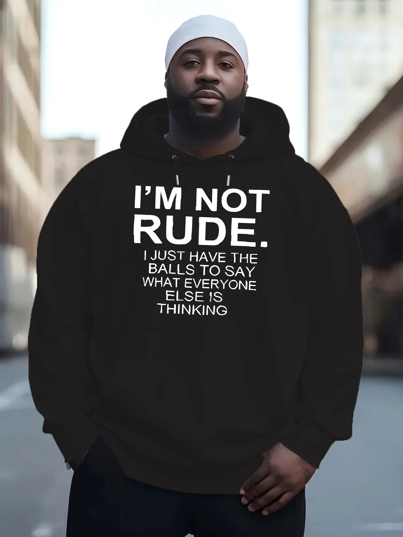 

Мужская толстовка с логотипом «I'm Not Rude» — черный повседневный пуловер, белый принт, плюшевая ткань, регулируемый капюшон, карманы-кенгуру.