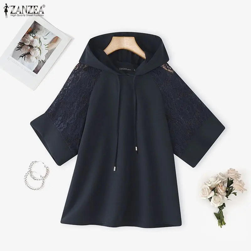 ZANZEA Blus Wanita Atasan Tambal Sulam Renda Tunik 2026 Kemeja Kasual Berkerudung Setengah Lengan Musim Panas Pullover Hoodie Fashion Blusa Solid