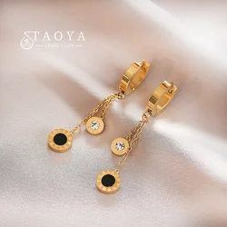 Pendientes de acero inoxidable con colgante romano para mujer, aretes de doble Color blanco y negro, accesorios de joyería de moda navideña, novedad de 2023