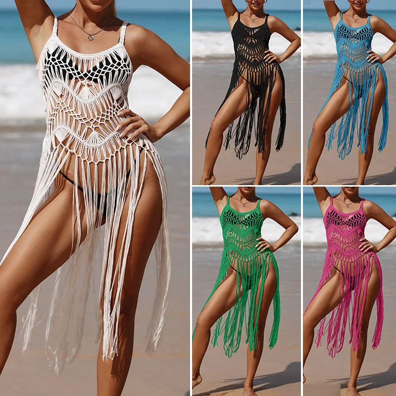 

Free Shipping 2023 Beach Vacation Sexy Hand Crocheting Woven Hollowed Tassel Beach Mid-Length Dress Bikini Smock Cover Up Dress