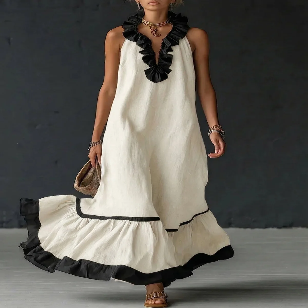 Fashion Patchwork Maxi Dress for Woman V Neck Stringy Selvedge Ruffle Flowy Long Dresses 2026 Summer Beach Vacation Sundress